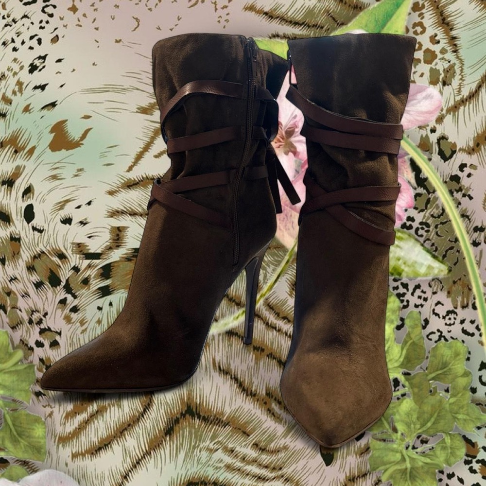 Olive green faux suede bootie heels